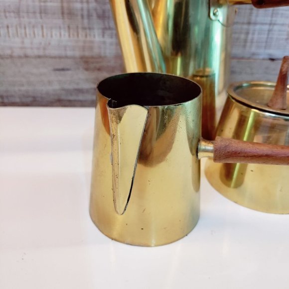 MCM Brass and Teak Japanese Tea Coffee Set Carafe Teapot Sugar Creamer Atomic - Picture 3 of 15